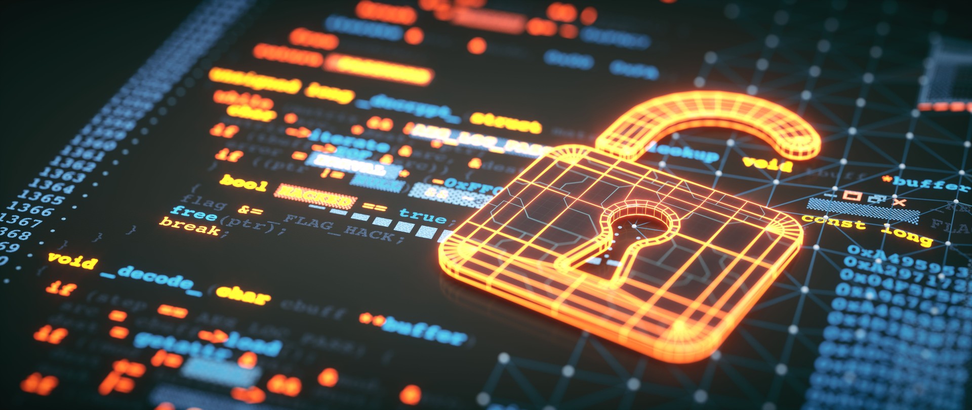Security system design concept. Low angle view close-up on multi colored programming language code and an open 3D glowing wire mesh padlock model in orange color.